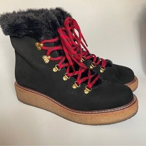 J. Crew Black Nubuck winter ankle boots wedge crepe sole red laces faux fur 9